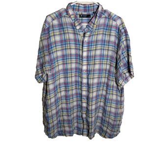 Cremieux Linen Shirt Men's XXL Plaid Button Up Short Sleeve Colorful Summer